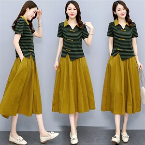 高端复古棉麻连衣裙女夏季2024新款休闲显瘦条纹亚麻套装裙两件套,女装套装/套裙,布芭啦