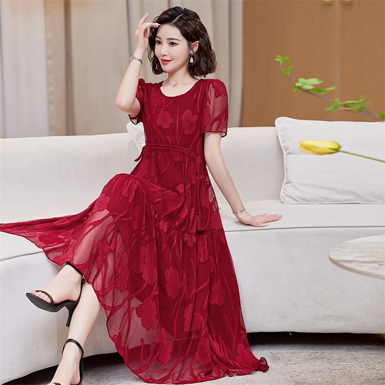 2024年夏季女装新款时尚优雅腰节抽绳收腰大码中长款连衣裙,女装连衣裙,魅衣本色