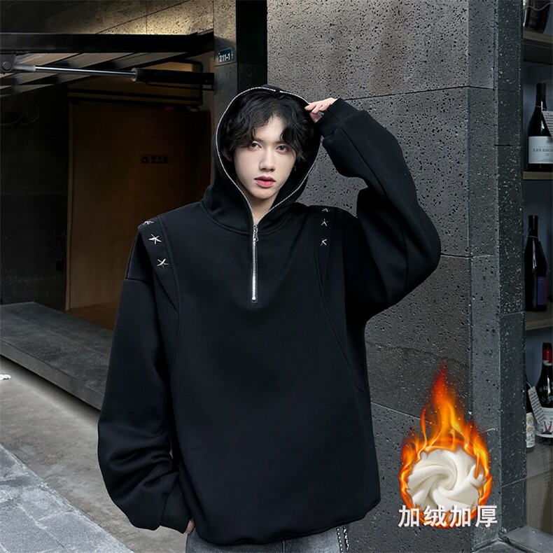 得物秋冬潮流创设计星星铆钉拉链连帽卫衣常规p75加绒p85，男装卫衣，电商B319
