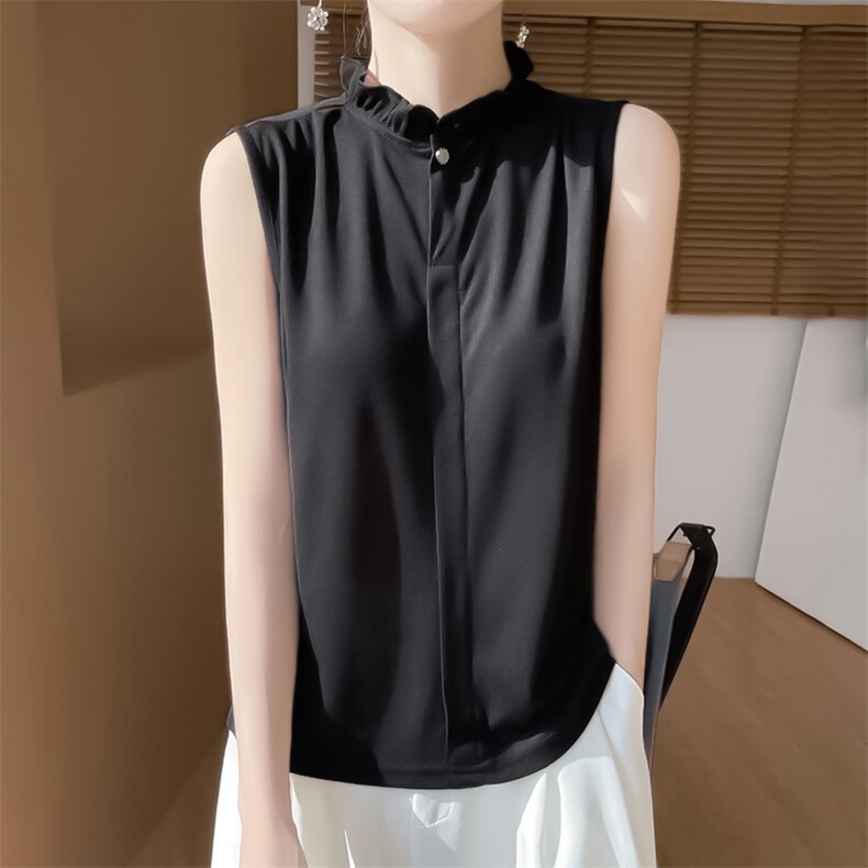 无袖女夏季木耳领袖衫宽松简约百搭纯色女上衣,针织衫/毛衣,绒宛羊绒