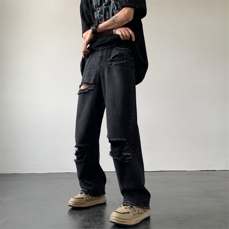 破洞牛仔裤男夏季设计感小众宽松阔腿直筒乞丐裤潮牌潮流vibe裤子图片