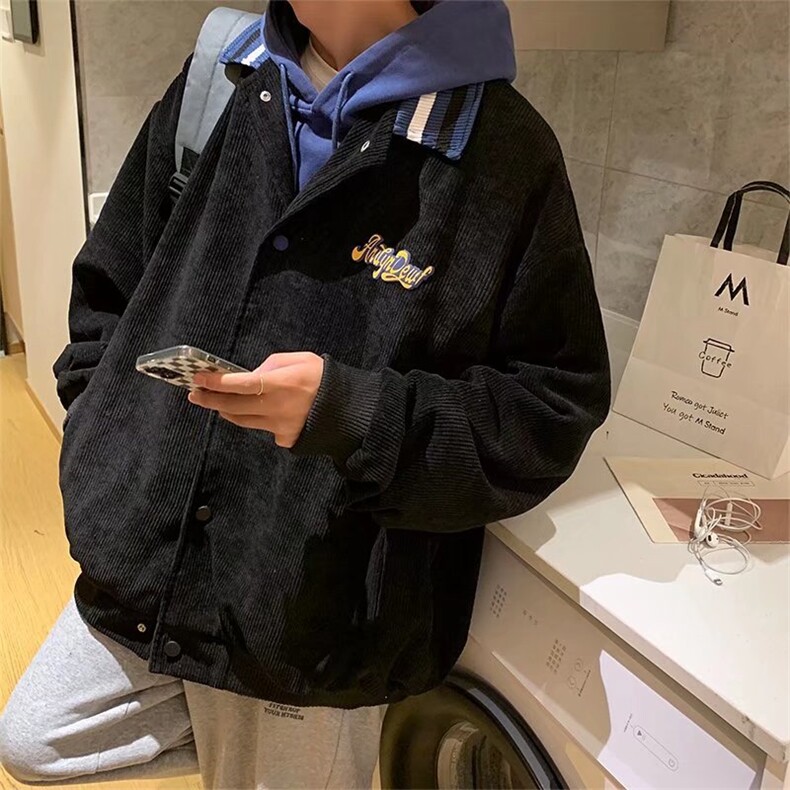 棒球服外套潮牌ins复古灯芯绒夹克男春季港风宽松上衣服J083-P60,中国女星衣服搭配图片