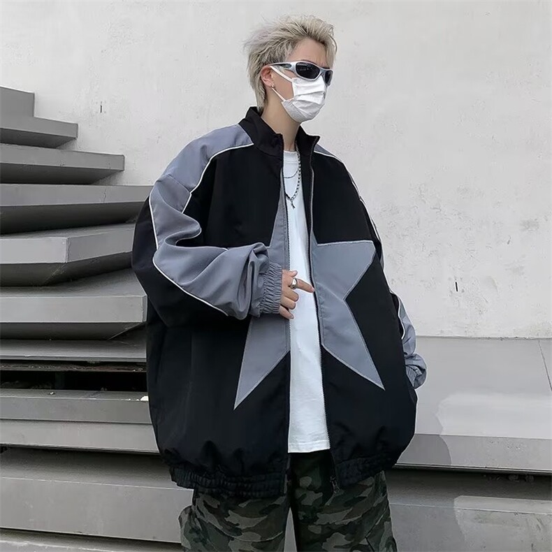 美式小众拼色星星冲锋衣ins男女宽松设计感棒球服嘻哈夹克外套,男装夹克,星座716-2