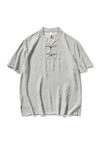 平铺图大码风棉麻亚麻透气轻薄宽松短袖盘扣衬衫立领 F18/P50图片