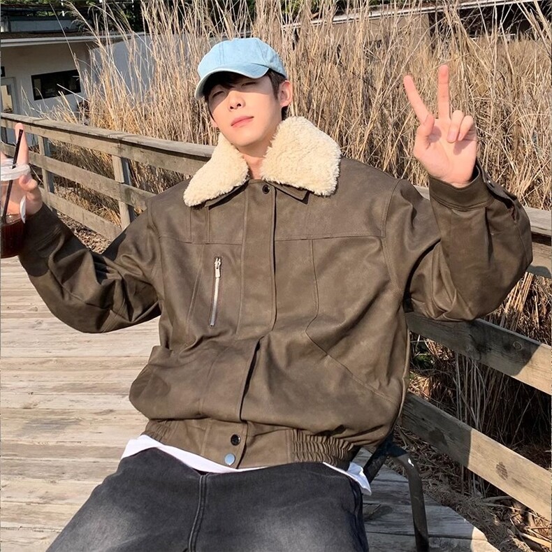 冬季复古毛领夹棉外套男加厚保暖美拉德皮衣机车服棉衣,男装夹克,星座506A