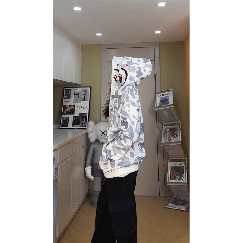 现货鲨鱼双层连帽卫衣男女春季美式高街潮重磅2025新款迷彩外套,女装短外套,四季星座505