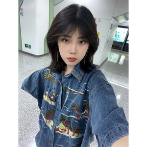 BK908CC-特P58 美式复古刺绣牛仔短袖衬衫男女图片