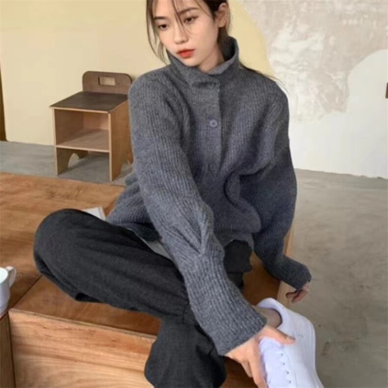 时尚宽松加厚羊毛开衫女秋冬新款高领长袖针织衫外套百搭显瘦毛衣,女装羊毛衫,泰沅羊绒