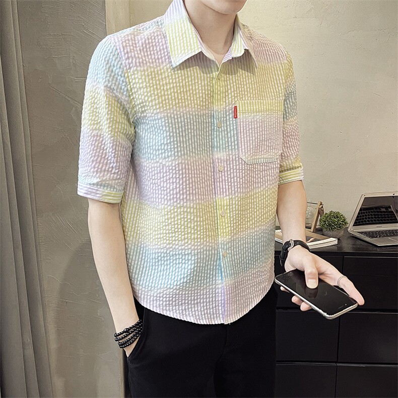 2023夏季新品时尚个性彩虹男士衬衣半袖潮流衬衫男C06-P50,男装衬衫,电商B248