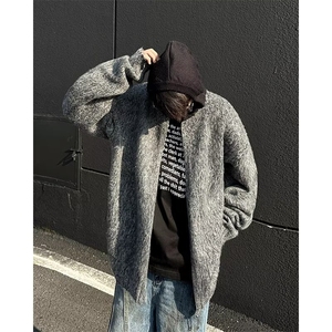 氛围感宽松开衫毛衣男女马海毛外套设计感连帽高街针织衫-M0056图片