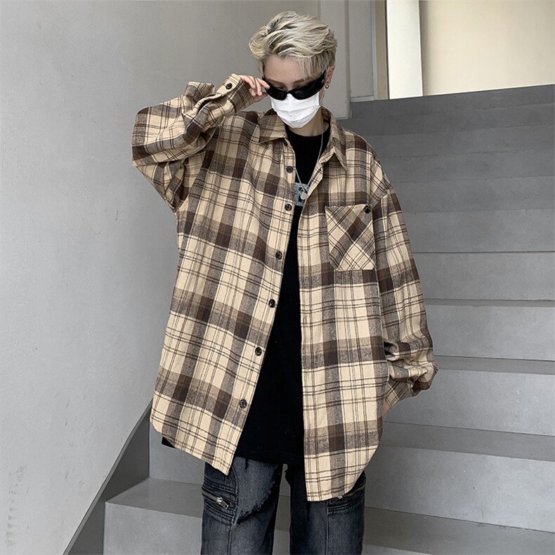 港风秋款男长袖衬衫格子条纹工装休闲外套CS4525 P40图片