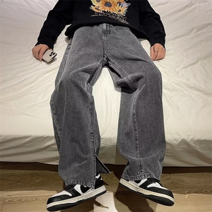 美式高街牛仔裤直筒宽松不规则休闲裤水洗开叉阔腿长裤男N2005P43图片