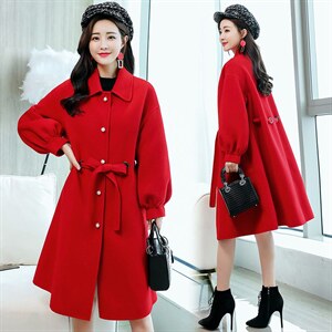 毛呢大衣2024年秋季单排扣红色中长款红色结婚呢子大衣女,女装毛呢外套,天丝秀