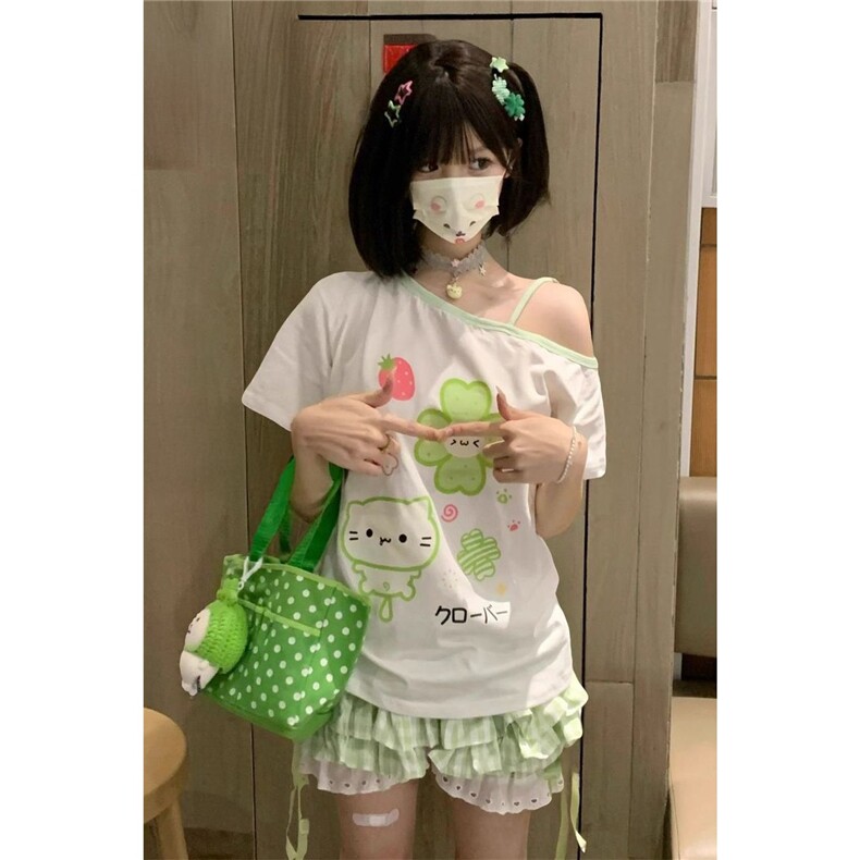 两件套装日系宅萌系可爱四叶草撞色漏肩短袖上衣夏季搭配花边裤裙,男装T恤,星座506A