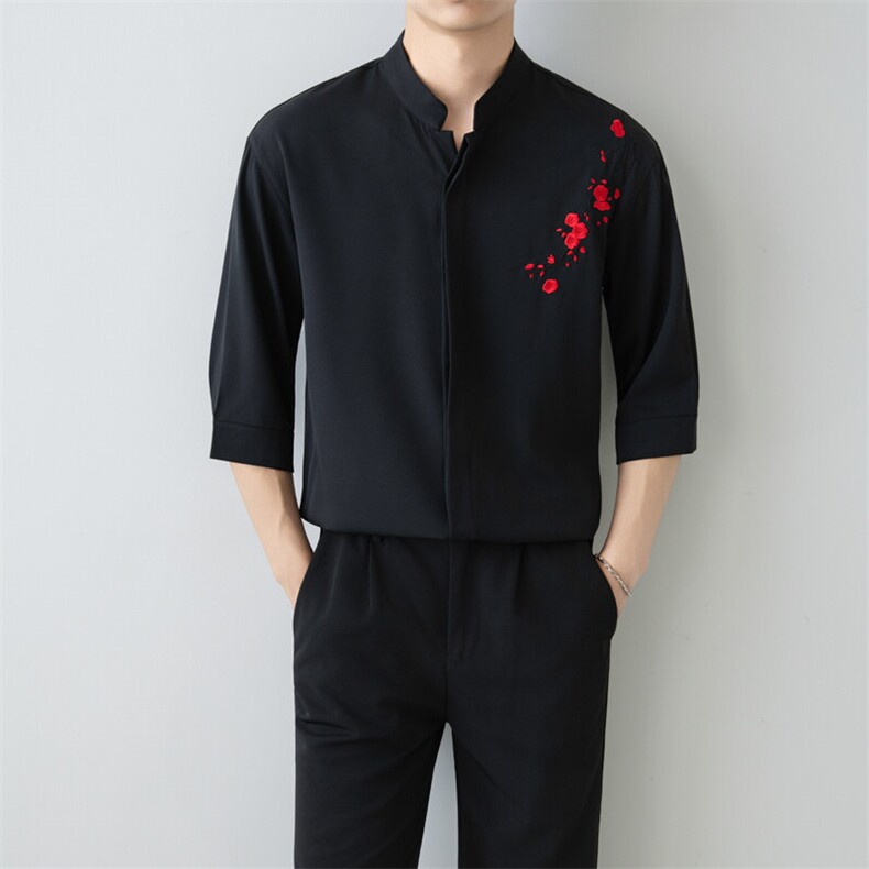 小伙立领纯色衬衫男休闲宽松风刺绣衬衣轻熟风A236-82571-P55图片