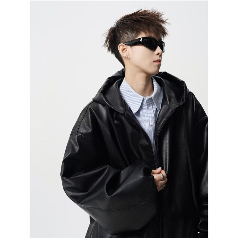 连帽皮衣外套男秋cleanfit痞帅高级感廓形宽松PU皮夹克JK226P75,男装皮衣,星座1013-1