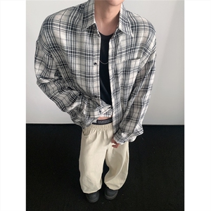 现货~ 格子大码长袖衬衫 C5881/特P23 白图片