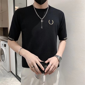 网红圆领短袖毛衣男韩版潮流字母刺绣半袖修身打底针织衫T3335图片