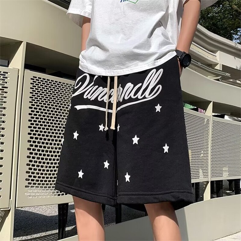 港风夏款男短裤字母发泡印花五角星宽松五分短裤D0003 P28图片