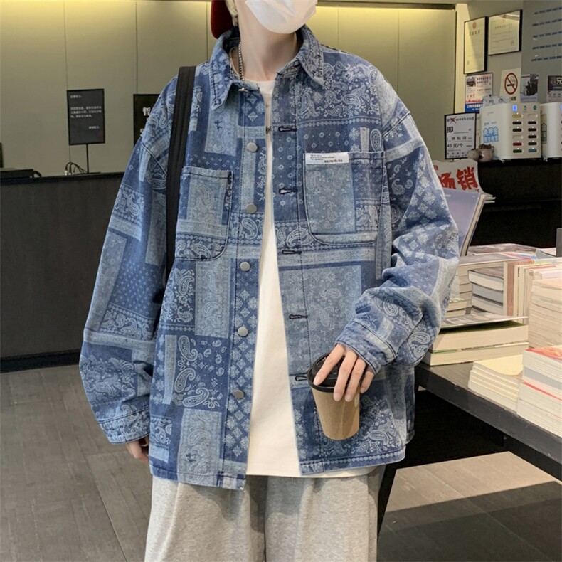 牛仔外套男秋季潮牌ins美式高街夹克男春秋腰果花JK02055-P60图片