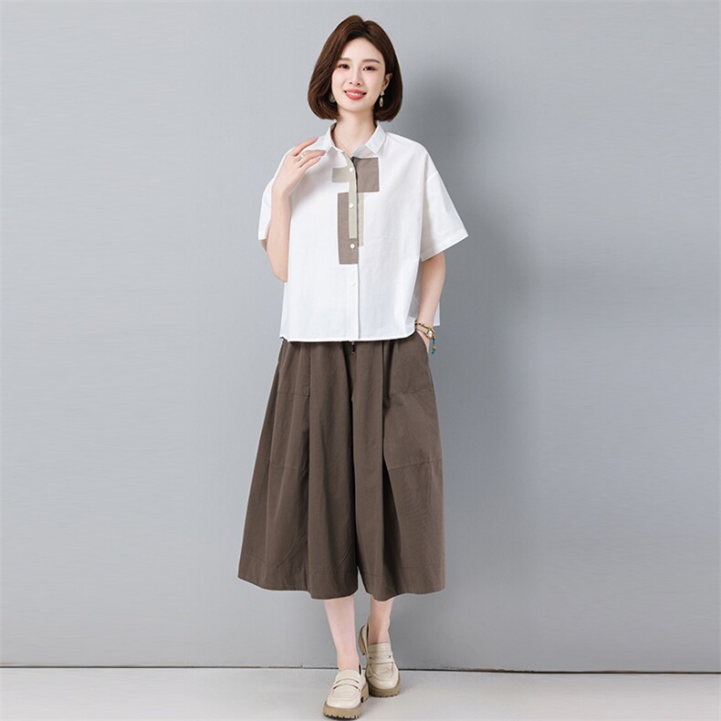 中年妈妈时尚阔腿裙裤套装女夏季2025新款宽松减休闲龄衬衫两件套,女装套装/套裙,秋牧寒烟
