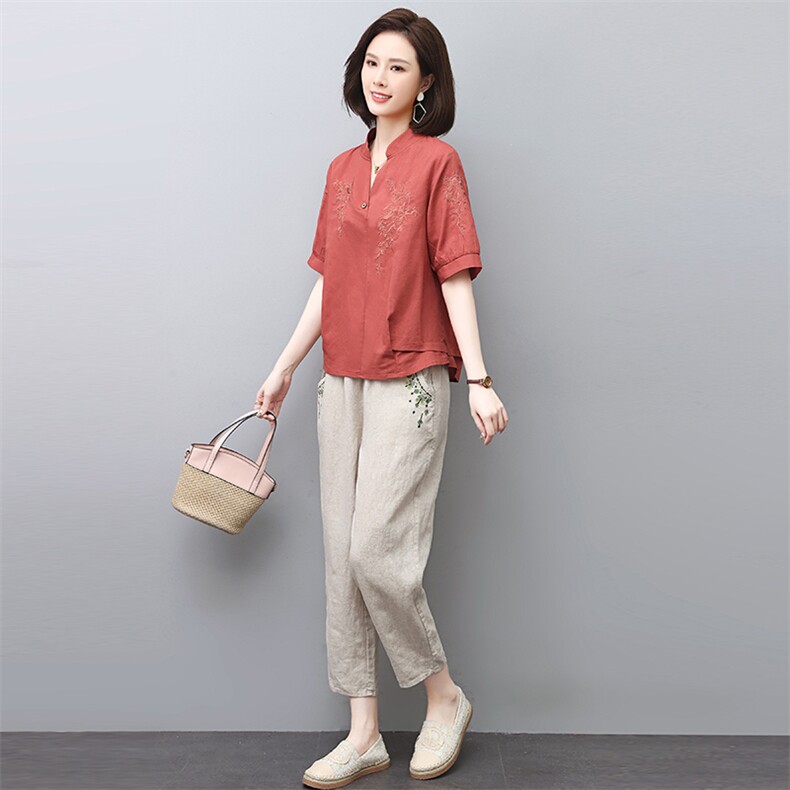 休闲棉麻套装女2024夏季新款宽松妈妈减龄遮肉显瘦刺绣亚麻两件套,女装套装/套裙,涵誉