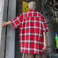 格子短袖衬衫男女潮牌新款夏季宽松日系衬衣设计感外套S1060-P35，男装衬衫，星座1008