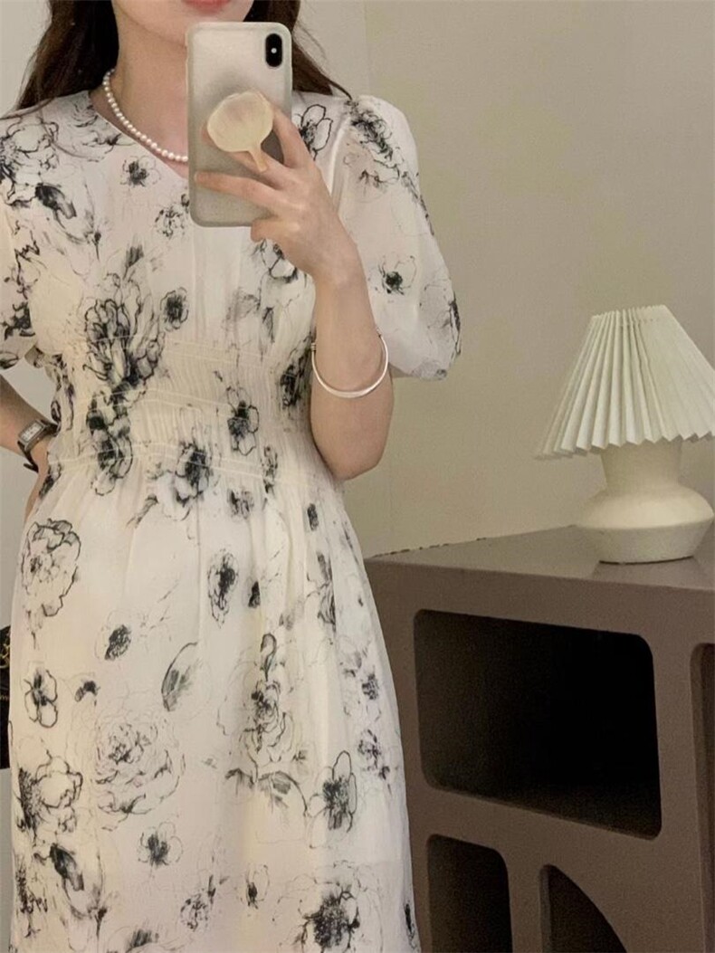 现货水墨画收腰连衣裙，女装连衣裙，素名