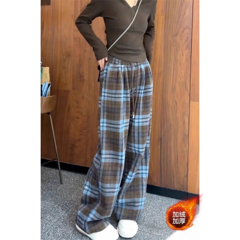 AK2468-P55蓝色格子阔腿裤子女加绒kd抽绳高腰显瘦拖地休闲裤，女装休闲裤，星座617A-2