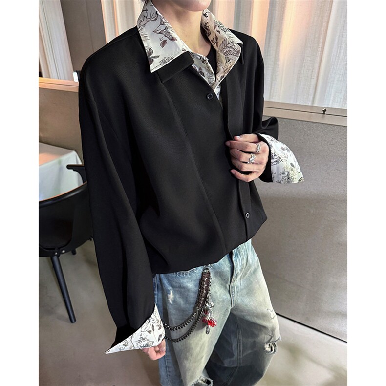 潮流休闲花卉印花领翻领假两件休闲长袖衬衫上衣男潮 P55图片