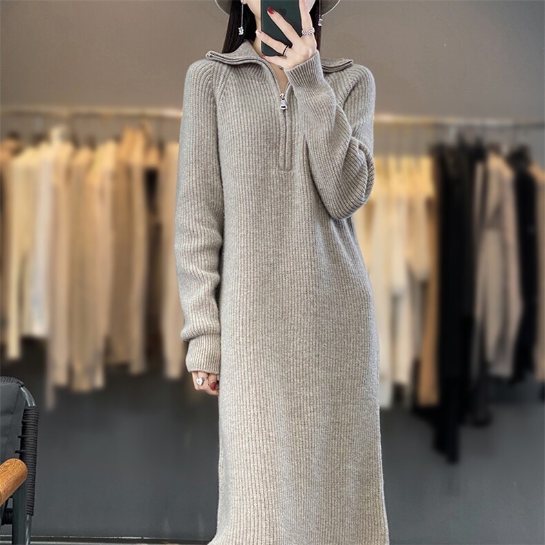 女士羊毛衫女秋冬季保暖针织POLO领羊毛裙,女装连衣裙,暖思雅