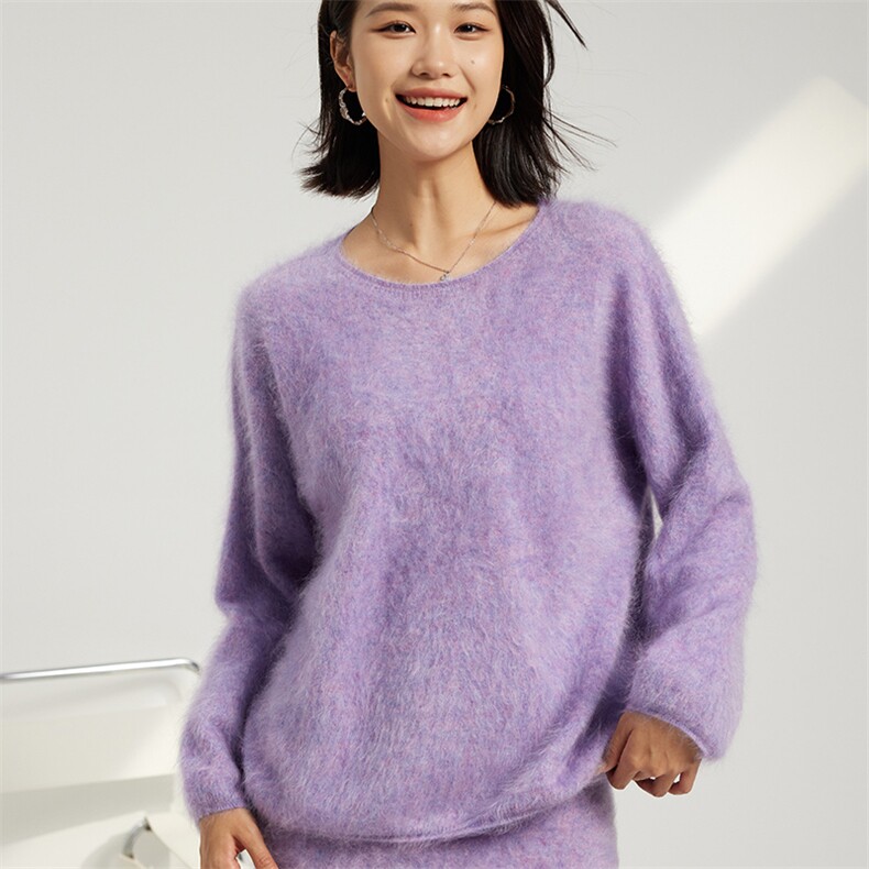 秋冬季羊绒休闲百搭时尚拉绒一线落肩圆领羊绒衫,女装羊绒衫,英集羊绒
