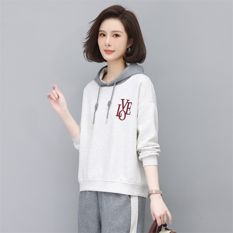 时尚休闲宽松连帽刺绣卫衣套装女秋冬季新款韩版百搭显瘦长袖上衣裤子两件套,女装卫衣/绒衫,依恋蒂丝