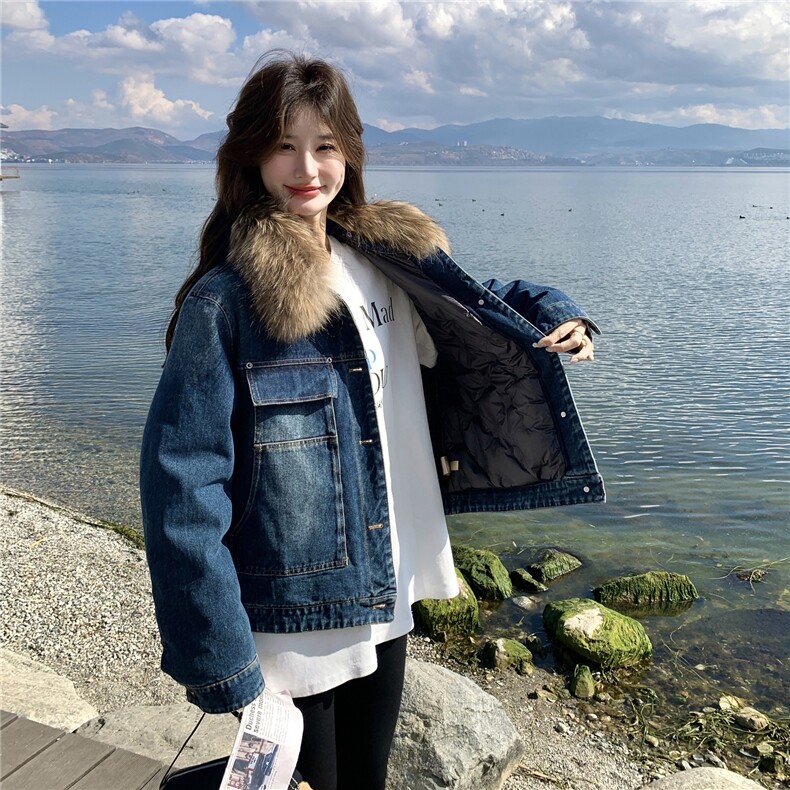 美式复古毛领羽绒内胆牛仔外套女中长小个子派克新款2025年冬季,女装羽绒服,艾米莉亚