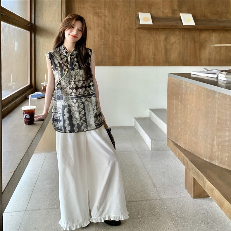 新中式国风女2025夏季新款独特漂亮印花改良旗袍阔腿裤,女装蕾丝衫/雪纺衫,浙宝069
