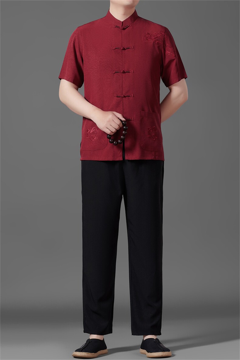中老年唐装男士爸爸夏季风棉麻套装爷爷老人衬衫套装,男装衬衫,钱塘6003B