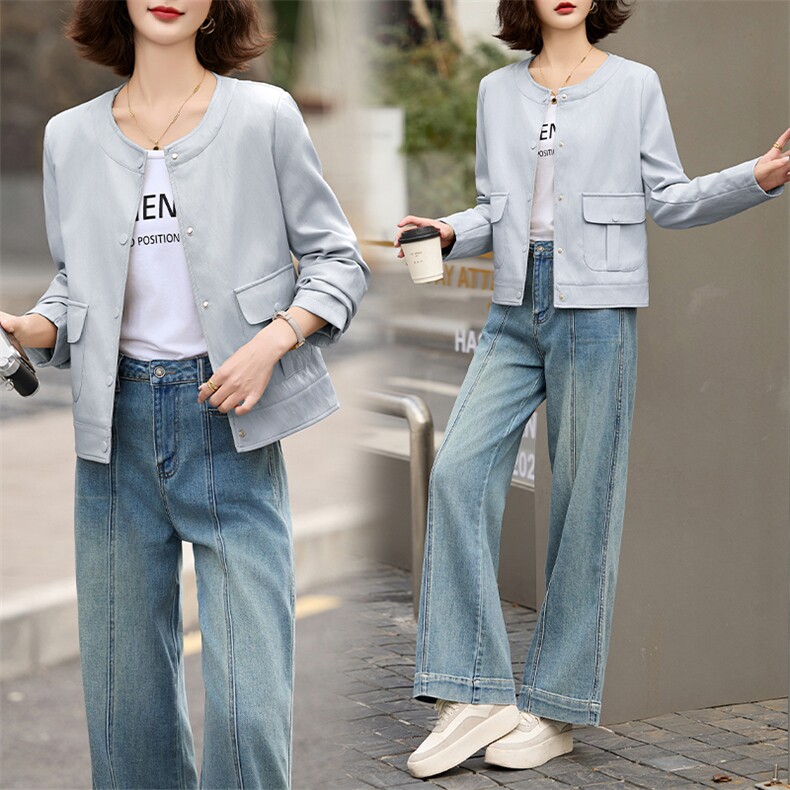 2025春秋季新款高级感质感长袖短款圆领pu皮衣夹克欧美时尚外套女，女装皮衣，美拉德工厂直营店