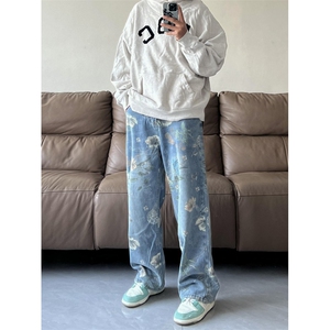 B271-A198-P65 大杨哥同款宽松直筒印花牛仔裤图片