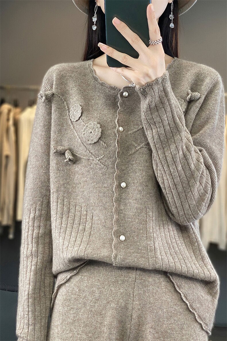 开衫女秋冬新款圆领绣花针织毛衣长袖宽松显瘦羊毛外套,女装羊毛衫,江南羊绒
