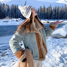 （现货）2025冬装牛仔拼接仿水貂绒派克服美式复古独特设计外套，女装牛仔外套，印象茜