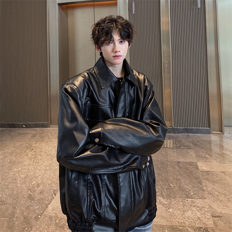 垫肩皮夹克男女同款复古纯色短款PU皮机车外套DY198-P80档口图，男装夹克，星座1213