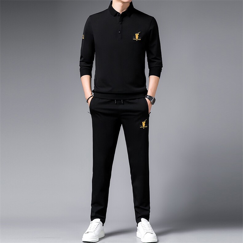 纯色运动套装男士春季新款休闲直筒裤长袖翻领T恤男装搭配两件套，男装休闲套装，电商B212（原钱塘6029）