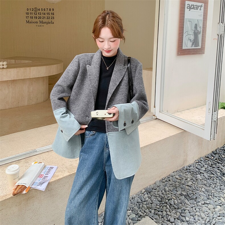 新款现货牛仔拼接双面羊绒外套2C007-170-P285-K428,女装羊绒大衣,2C007