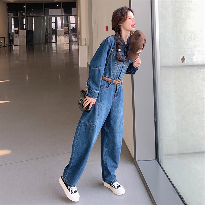 美式水洗复古连体裤女2025秋季新款时尚遮肉显瘦长袖牛仔连体长裤，女装连体裤，点滴