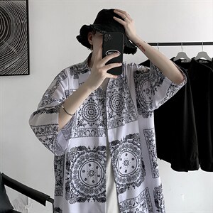 夏装男印花冰丝短袖衬衫青少年潮流宽松碎花衬衣 A071-C16-P35图片