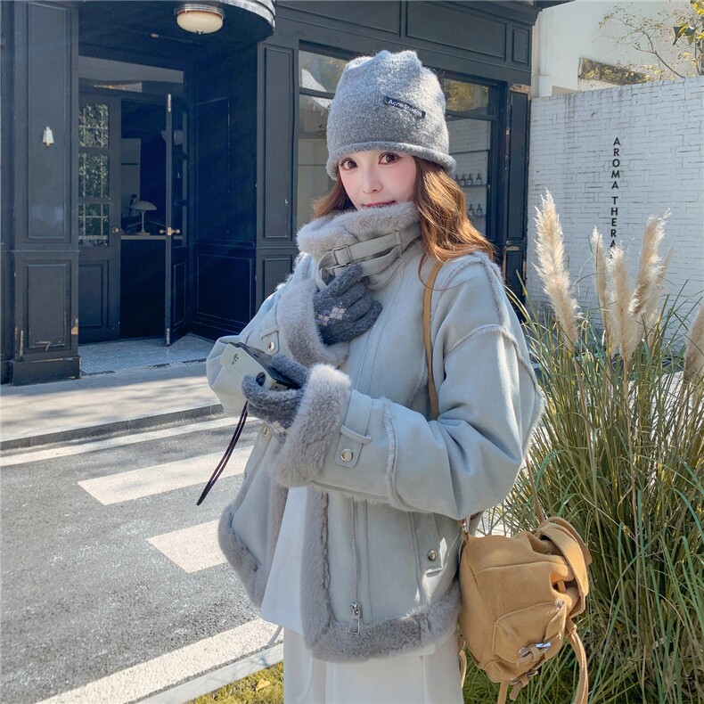 蓝色麂皮绒皮毛一体羊羔毛外套女冬季2025新款软糯甜美巨好看棉服,女装皮草,2C218