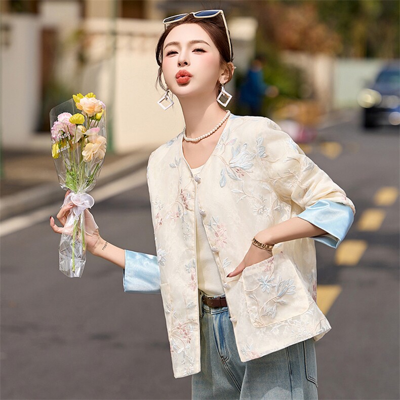 时尚蕾丝刺绣新中式国风外套女2025春夏新款薄款防晒长袖开衫上衣,女装短外套,伊仟回