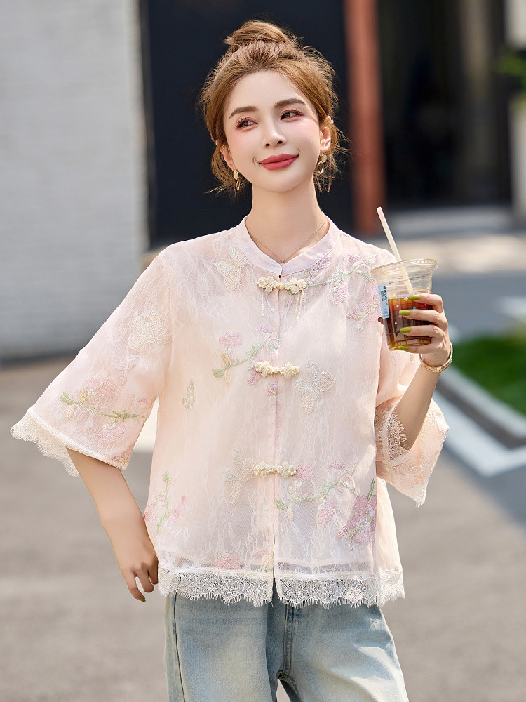 蕾丝拼接重工刺绣防晒衣女2025夏季新款洋气立领盘扣中袖轻薄外套,女装短外套,妙形