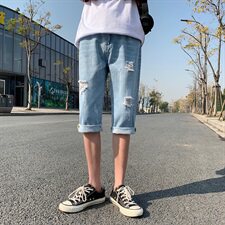 2021夏季浅色破洞牛仔裤男直筒宽松男生潮流港风七分裤男HT92，男装牛仔裤，星座509