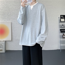 M-8XL华夫格叠穿假两件长袖T恤大码慵懒V领内搭打底衫TX3105特P35，男装T恤，电商B238